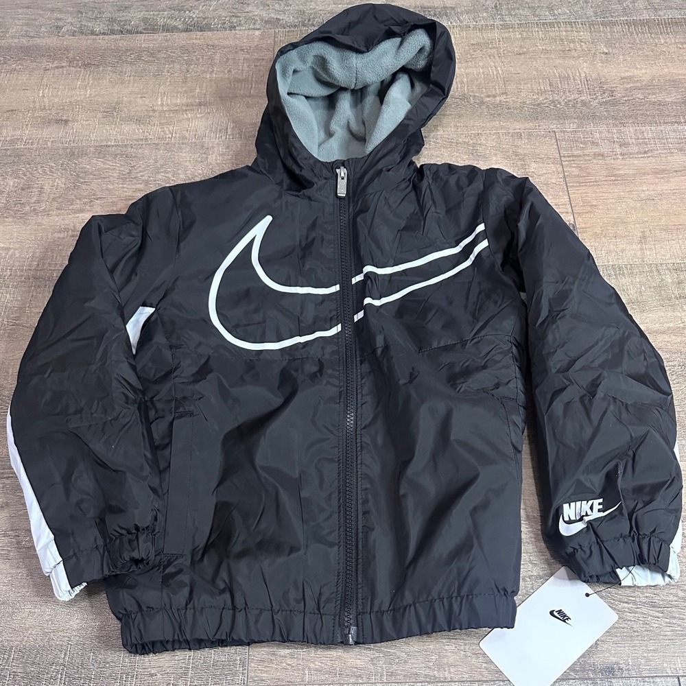 Nike Boys Hooded Windbreaker Jacket Black White Fleece Lined Size 7 NWT